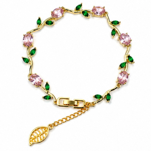 Luxury Gold Plated Pink and Green Crystal Leaf Bracelet for Women & Girls