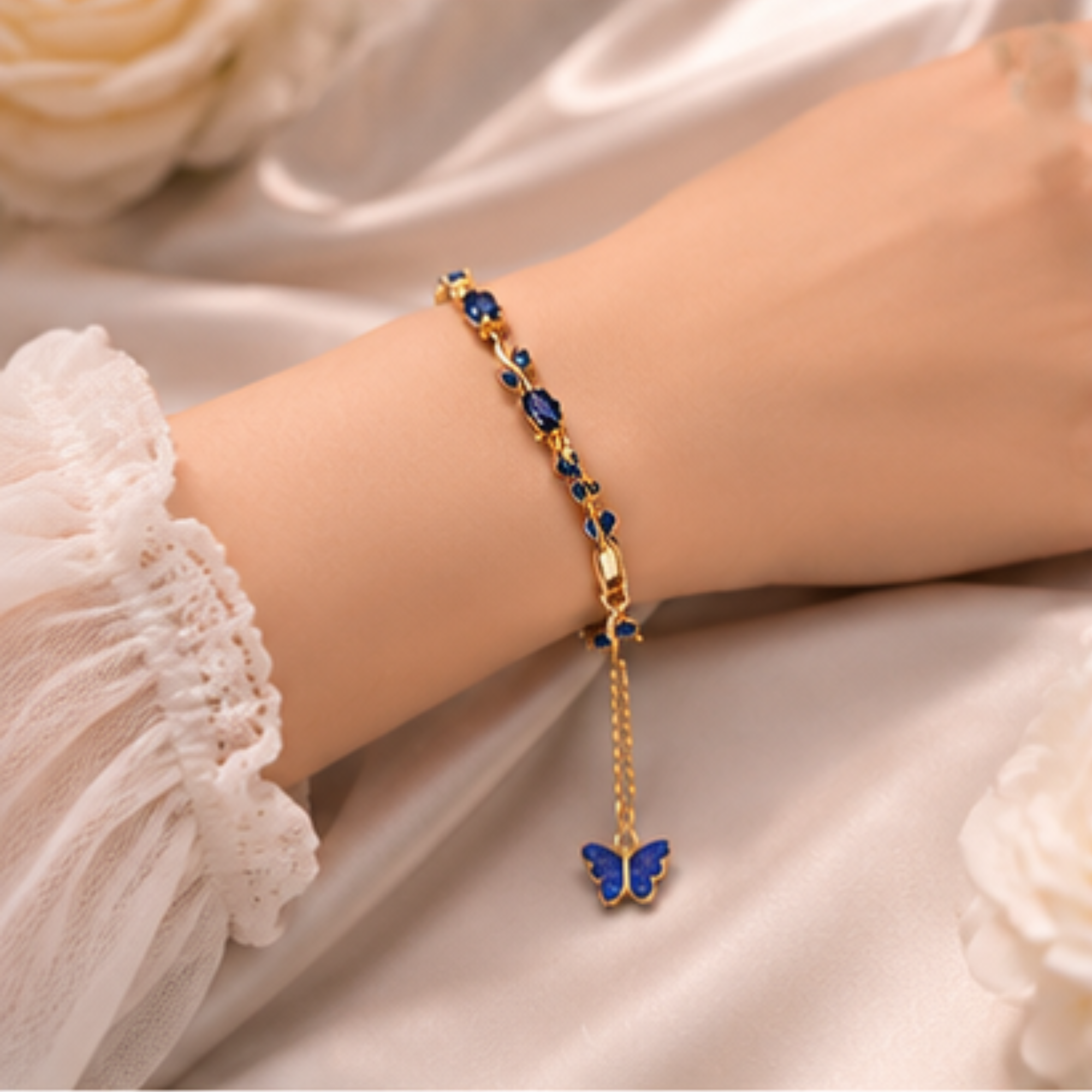 Luxury Gold Plated Blue Crystal Butterfly Bracelet for Women & Girls