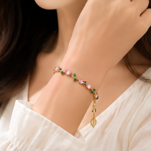 Luxury Gold Plated Pink and Green Crystal Leaf Bracelet for Women & Girls