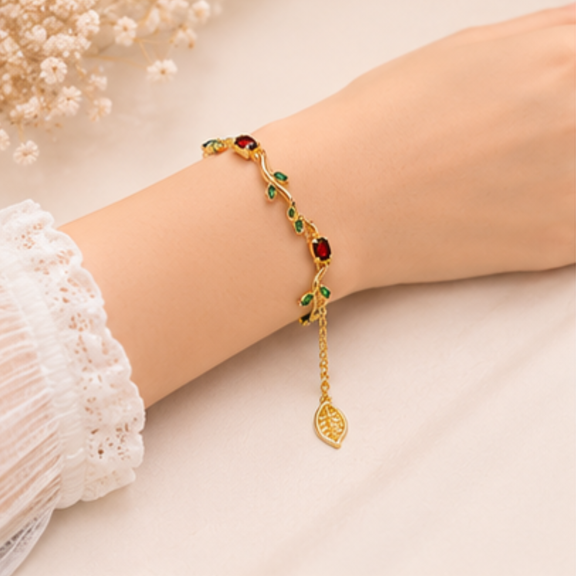 Luxury Gold Plated Red Crystal Leaf Bracelet for Women & Girls