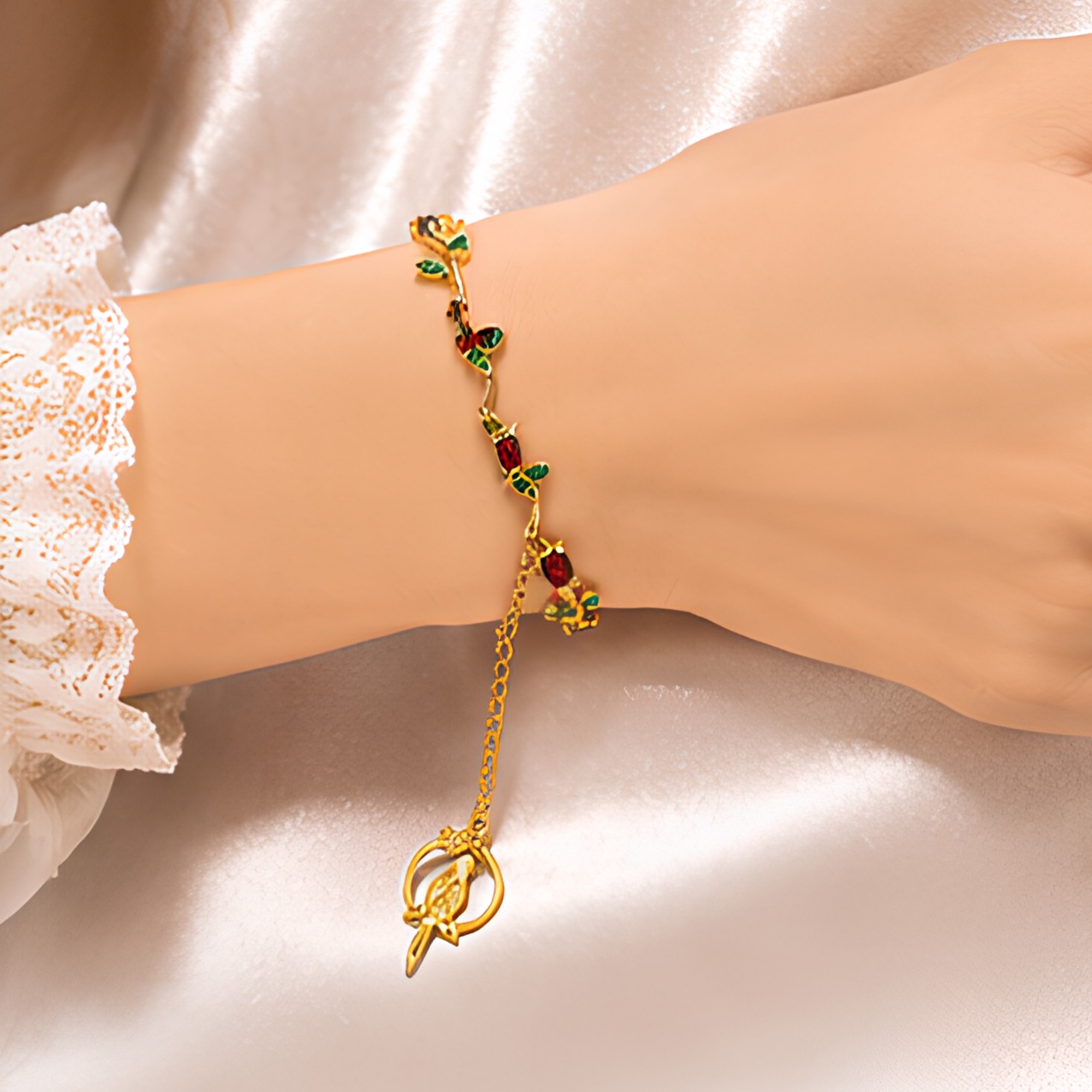 Luxury Gold Plated Red Crystal Bird Charm Bracelet for Women & Girls